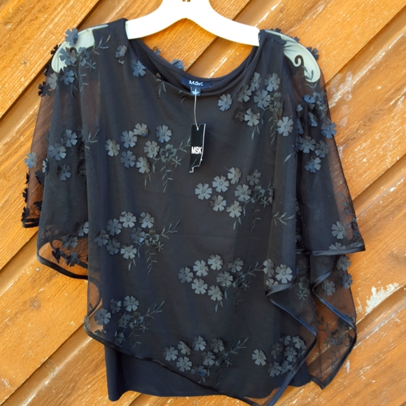 MSK Tops - NWT Beautiful MSK Asymmetrical Top W/ Chiffon Overlay and 3D Flower Detail